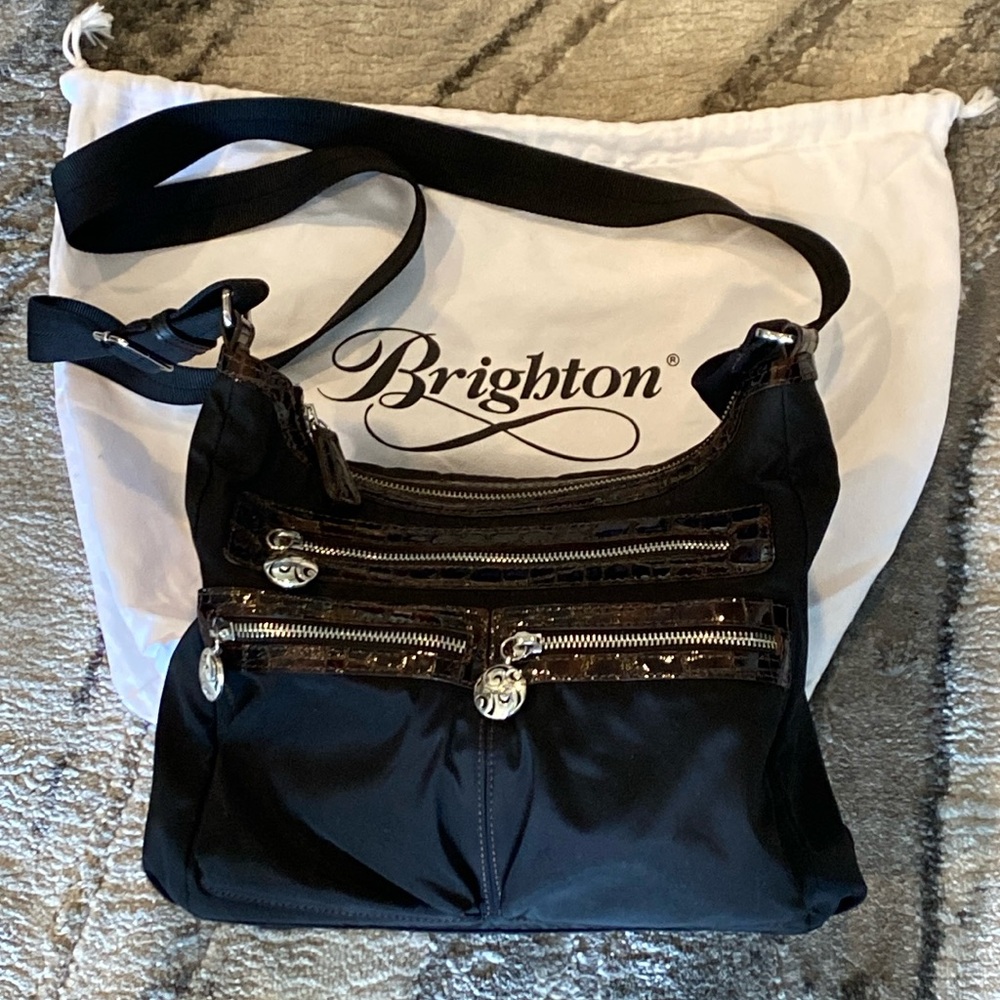 Brighton Black Nylon with Crocodile Embossed leather trim crossbody
